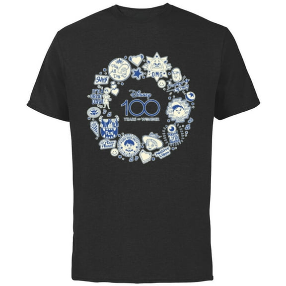 Disney 100 Pixar Happy Faces Blue Sticker Circle D100 - Short Sleeve Cotton T-Shirt for Adults - Customized-Black