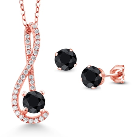 Gem Stone King 2.33 Ct Black Sapphire White Created Sapphire 18K Rose Gold Plated Silver Pendant and Earrings Jewelry Set