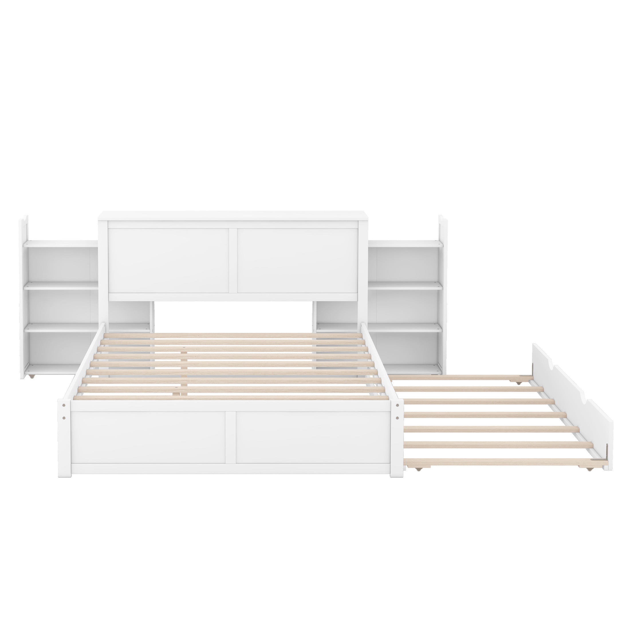 Noble House Fenfi Queen Size Storage Platform Bed with Pull Out Shelves and Twin Trundle, Solid Pine Wood Frame, White