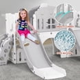thumbnail image 6 of JOYLDIAS 10 in 1 Toddler Slide and Swing Set,Double Kids Climber Slide Playset for Age 1-3 w/Basketball Hoop,Telescope,Tunnel,Storage Space,Indoor Outdoor Backyard Playground Toys(White & Gray), 6 of 18