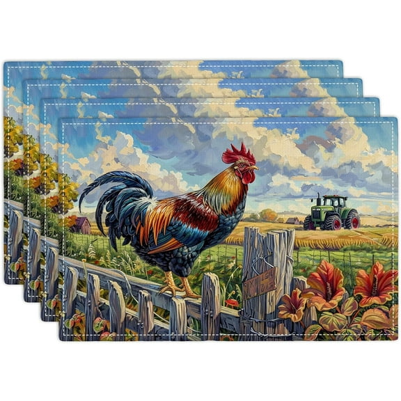 Farmhouse Rooster Placemats Set of 4 Rustic Chicken Old Barn Table Mats Farm Country Truck Place Mats Decor Imitation Linen Heat Resistant Tablecloth for Dining Decoration Kitchen Party 12''x18''