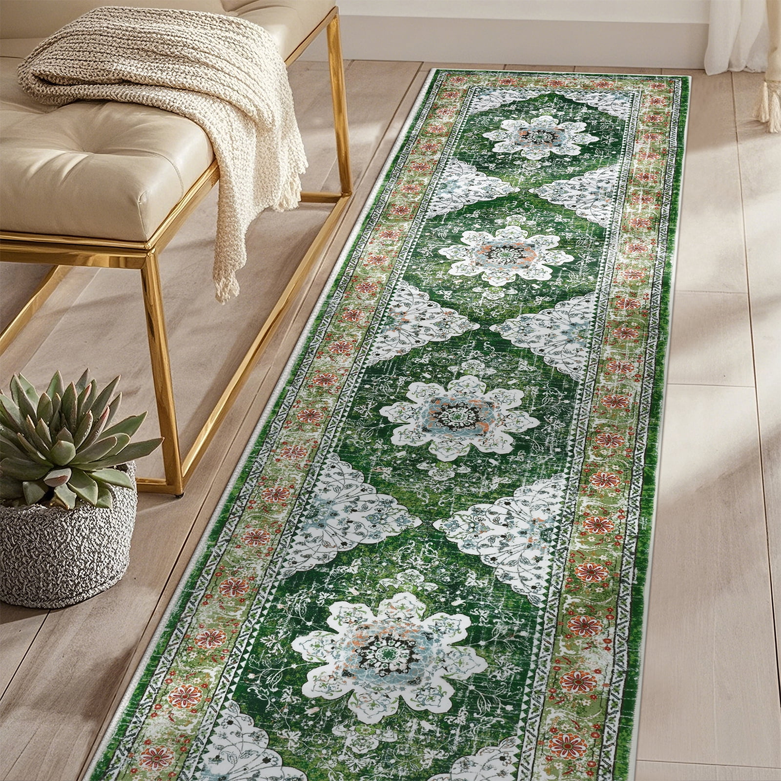 MeyJey Oriental Indoor Runner Rug for Hallway 2'x8', Non-Slip Machine Washable Vintage Area Rug Floor Carpet for Bedroom Kitchen Dinning/Living/Laundry Room, Green