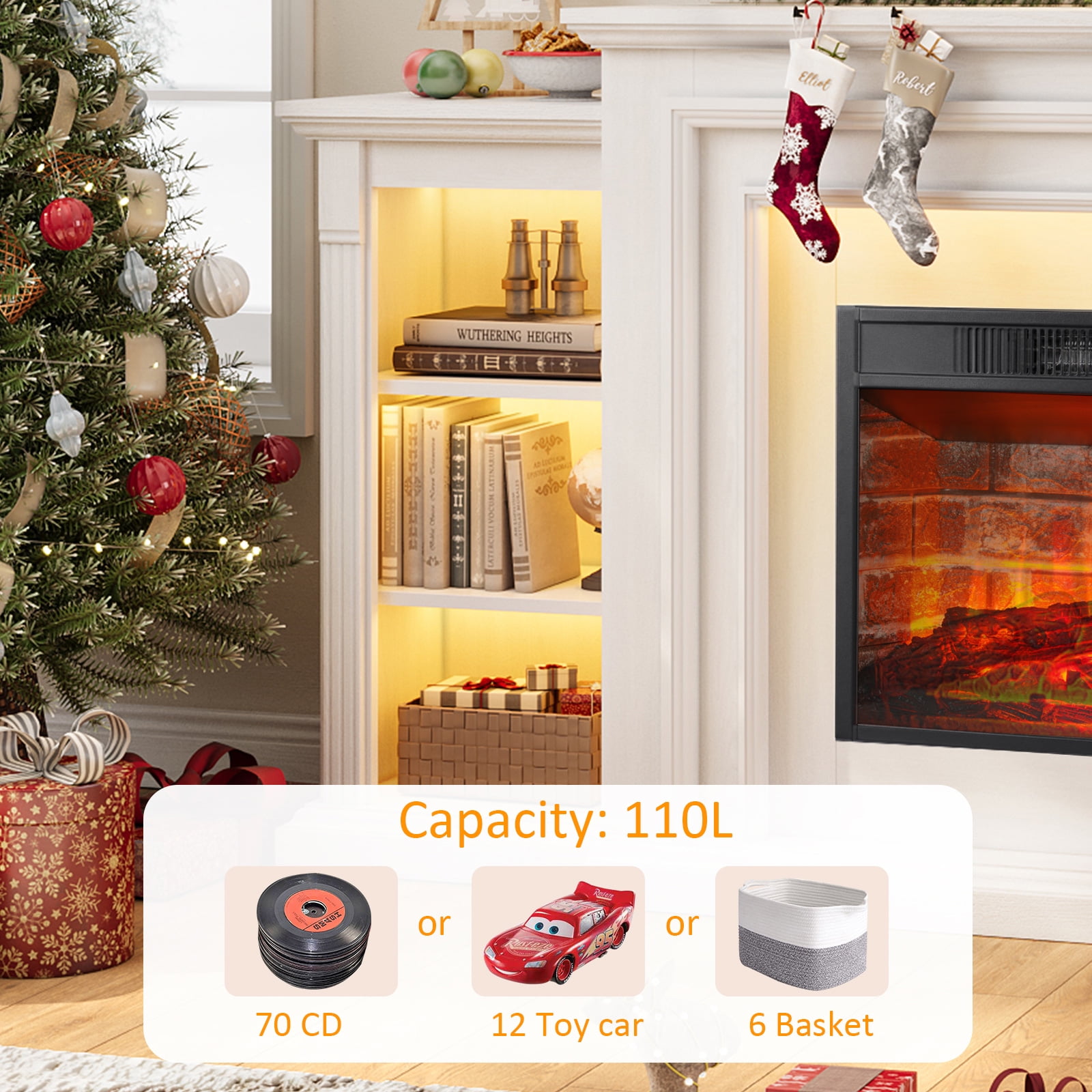 72-Inch Electric Fireplace TV Stand with Mantel, White Entertainment Center for TVs up to 80", Modern LED Media Console
