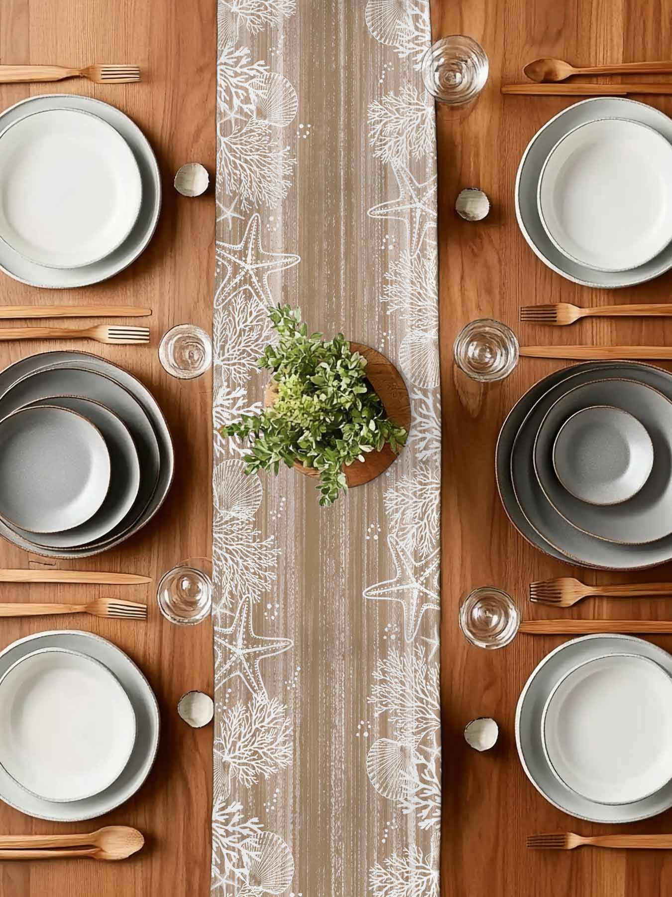 Sea Stars Table Runner, Summer Beach Sea Star Coral Brown Texture Washable Cotton-linen Table Runners Dining Kitchen Decoration for Everyday Home Wedding Party Decor, 13 x 120 Inch