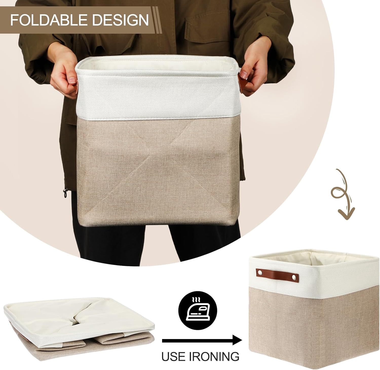 10 Pcs Collapsible Storage Bins Fabric Foldable Storage Basket with Handles Cloth Basket Organizer Linen Shelf Baskets for Shelves Home Closet Nursery Toys (Beige and White,12 x 12 x 12 Inch)