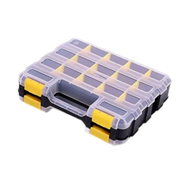 Organizador de herramientas de doble cara con 34 compartimentos para clavos y pernos, versátil y seguro. Amarillo