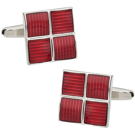 Ribbed Four Piece Red Enamel Square Silver Cufflinks by Cuff-Daddy
