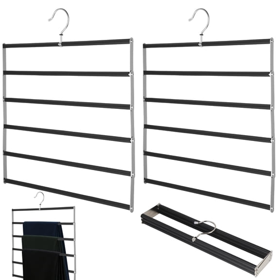 2 PCS 6-Tier Trouser Hangers, Foldable Pants Hanger with 360° Rotating Hook, Space Saving Clothes Organizer with Non-Slip Bars for Jeans Trousers Scarves Closet Storage