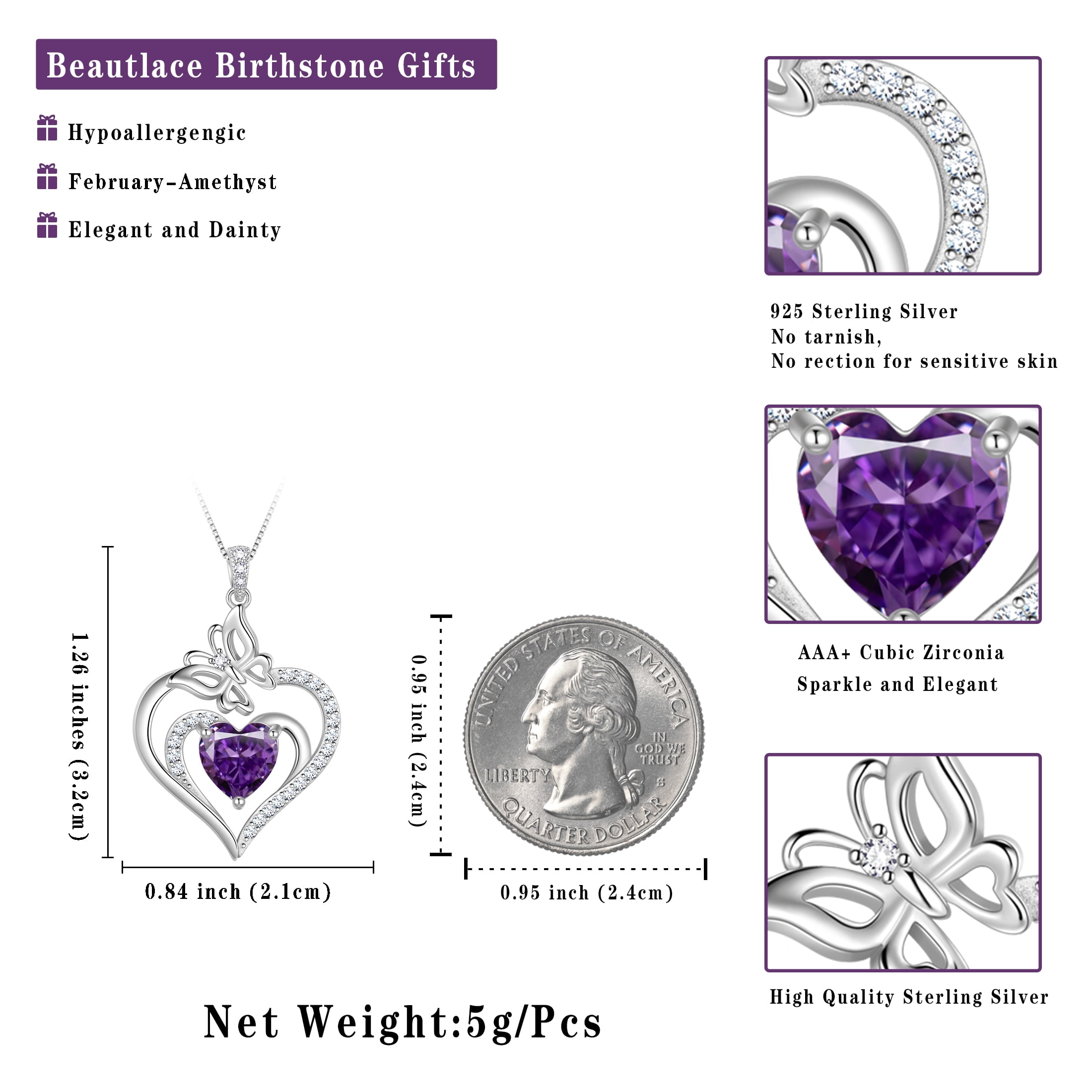 Beautlace 925 Sterling Silver Heart February Amethyst Birthstone Necklace,Butterfly Pendant Necklace Cute Animal Jewelry Birthday Christmas Valentines Gifts for Women
