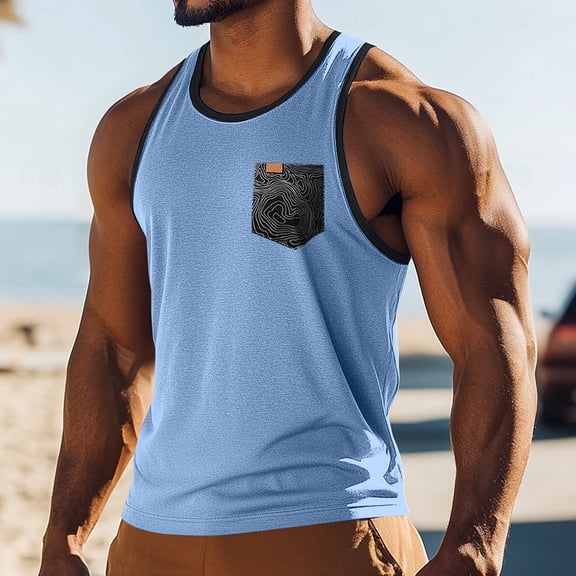 Domuza Men's Sports Tank Tops Athletic Gym Bodybuilding Fitness Sleeveless Shirts with Pocket for Beach Running Workout Light Blue XL