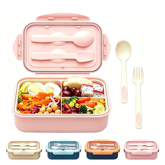Aoznliie Bento Box, Portable Divided Lunchbox with Heat Sealed Lid & Cutlery,Microwave Safe in Pink,9x6x3 inch
