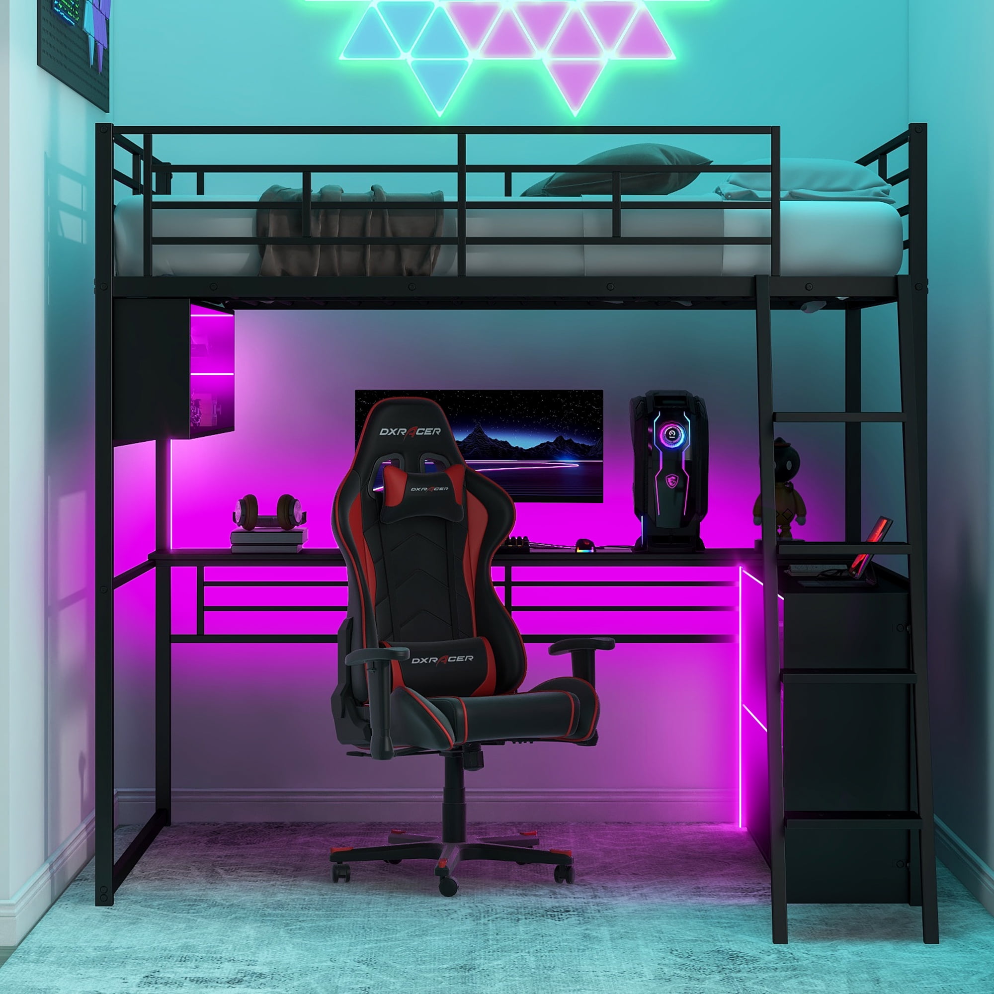 Euroco Metal Full Size Loft Bed, Gaming Bed with Desk and LED Light for Kids Teens