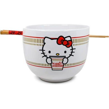 Hello Kitty Cup Noodles Japanese Ceramic Dinnerware Set | Includes 20-Ounce Ramen Bowl and Wooden Chopsticks | Asian Food Dish Set for Home Kitchen | Kawaii Anime Gifts, Official Sanrio Collectible