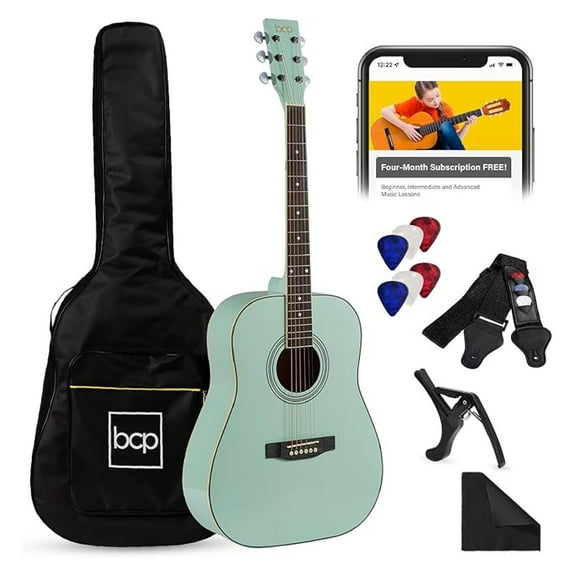 41in Full Size Beginner All Wood Acoustic Guitar Starter Set w/Gig Bag, Strap, Capo, Strings, Picks - SoCal Green