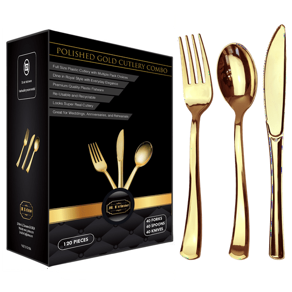 120 Piece Gold Plastic Silverware Set - Reusable & Recyclable - Gold Plastic Utensils for Weddings, Anniversaries, Showers, Parties - 40 Forks, 40 Spoons, 40 Knives - Elegant Cutlery by JL Prime
