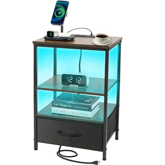 Night Stand with Charging Station, Bedside Table with Adjustable Fabric Drawers, End Table with LED Lights