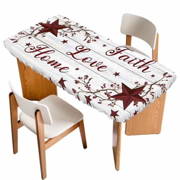 Wooden Grain Table Cloths for 4 Foot Rectangle Tables, Red Country Texas Star Branches Berry Patio Waterproof Elastic Fitted Tablecloths, Washable Rectangular Table Cover for Camping