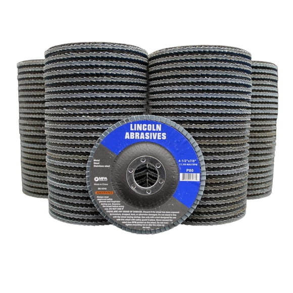 Lincoln Abrasives 100 Pack Flap Discs, 80 Grit 4.5" x 7/8" Sanding Wheels for Angle Grinder