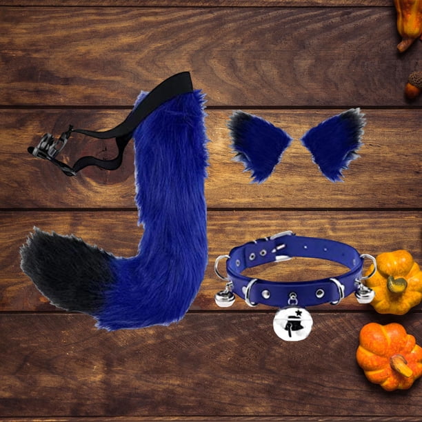 Juego de orejas y cola de piel sintética para disfraz de cosplay, accesorios para el pelo, de lujo, felpa para carnaval, cumpleaños, decoración Azul negro Fernando Cola para la cabeza