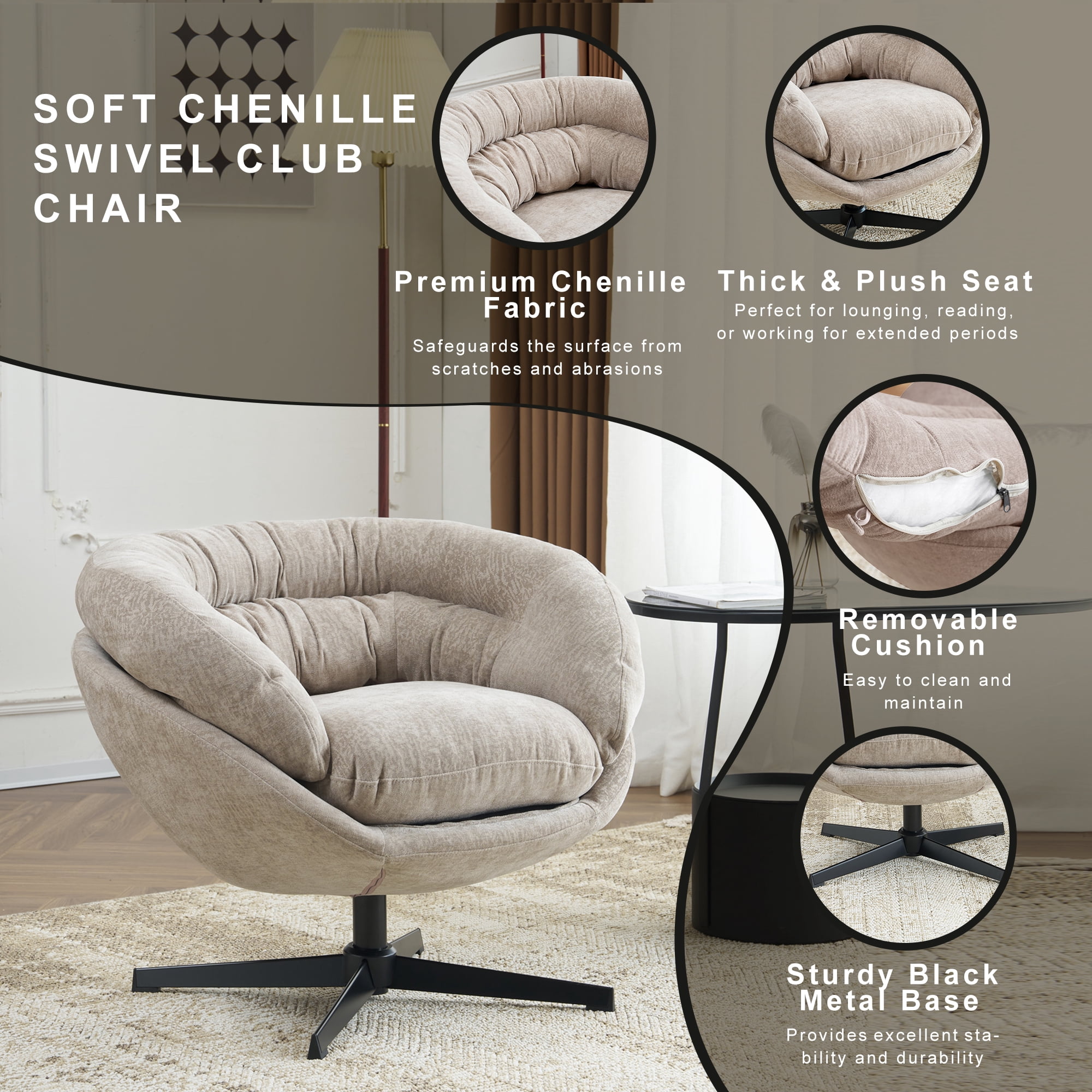 EUROCO 33" Ergonomic Chenille Swivel Chair,Cotton Accent Chair with Soft Thick Removable Cushion and Metal Base,360 Degree Swivel for Living, Bedroom, Reading Room,Brown