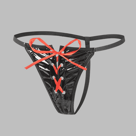 Fulorrnie Women s Adjustable Lace Up Panties Glossy PU Briefs Metallic Eyelet Underwear Contoured Elastic Waist Leg Bands Seamless Intimates  Black  XL
