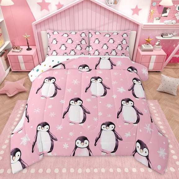 Manfei Kawaii Penguin 2pcs Bedding Comforter Set for Preppy Kids Children,Merry Christmas Twin Comforter Sets,Happy Winter Xmas Breathable Bedding Set,Ultra Soft Home Decor,Reversible