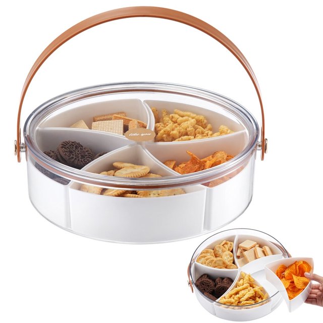 Bandeja transparente dividida para servir, caja de aperitivos con tapa y asa, platos portátiles para dulces, frutas, frutos secos, aperitivos, organizador de almacenamiento de alimentos de 5 compartim