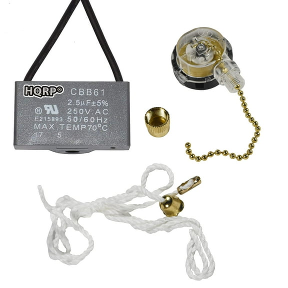 HQRP Kit Ceiling Fan Capacitor CBB61 2.5uf 2-Wire and 3-Speed Fan Switch