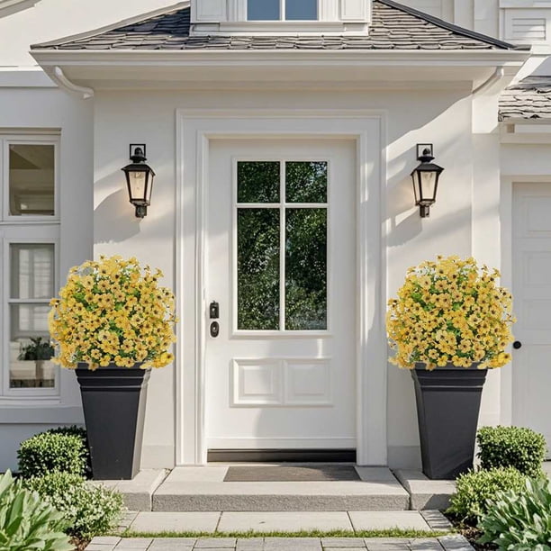 2 pcs yellow artificial bushes para outdoors con ground spike fabric uv resistant realistic shrubs ball para outdoor/indoor front porch y garden