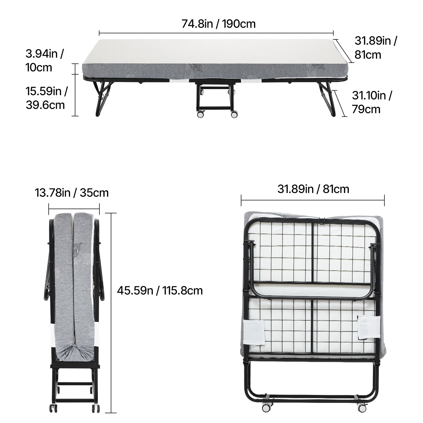KFFKFF Collapsible Bed, Dimensions 31 in x 75 in, Comes with 4 in Mattress, Twin Size Retractable Bed Featuring Robust Metal Structure & Memory Foam Mattress, Movable Twin Retractable Bed