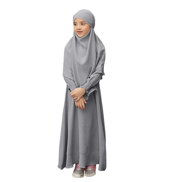 RXMEKW Ensemble de Robe Musulmane avec Châle pour Filles Manches Longues Col Rond Robe à Volants Tenue 2 Pcs Rose