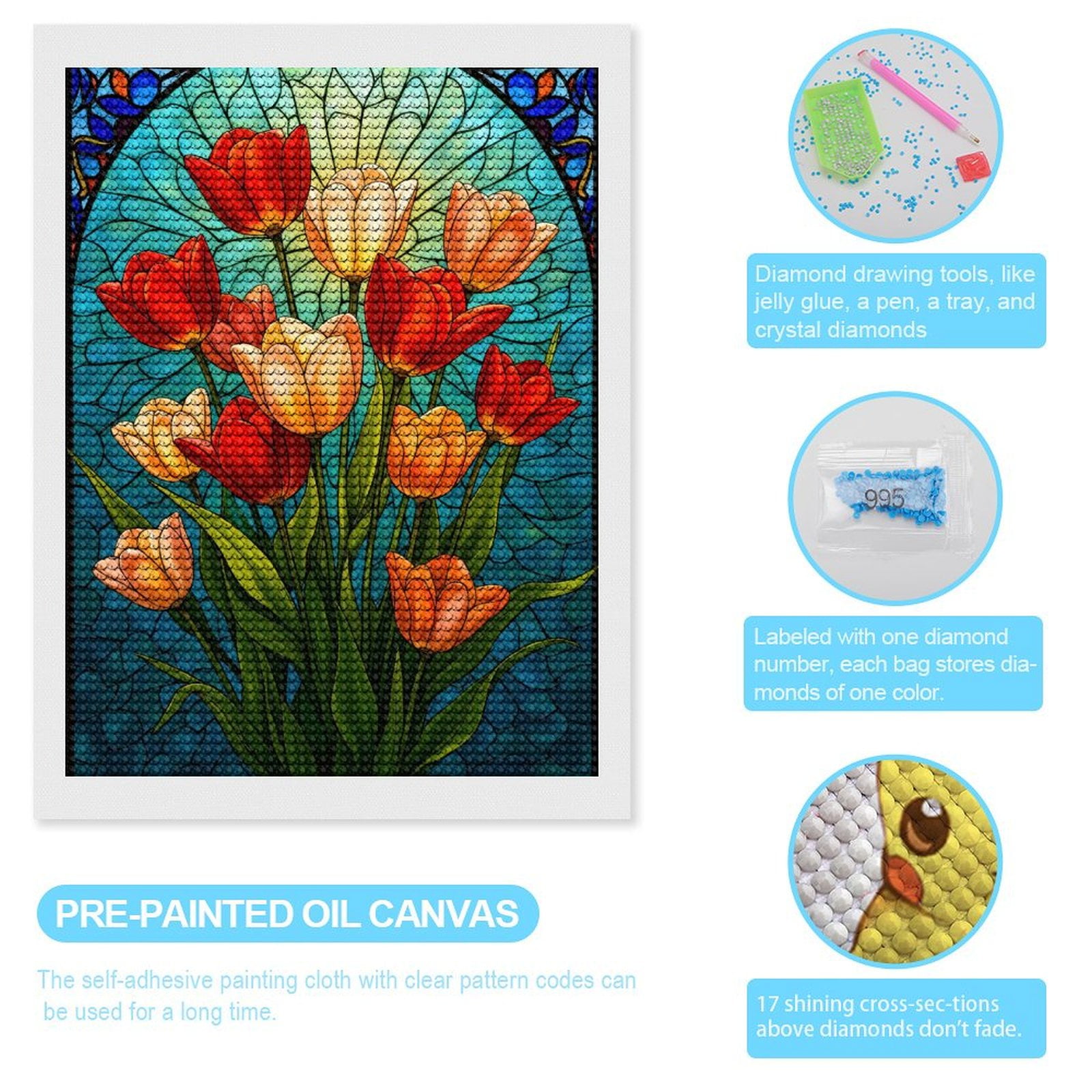 Diamond Art Kits for Adults, Stained Glass Tulip Art Design 5D Diamond Painting Kits for Adults Beginners, DIY Full Drill Diamond Painting, Gem Art and Crafts 12x16
