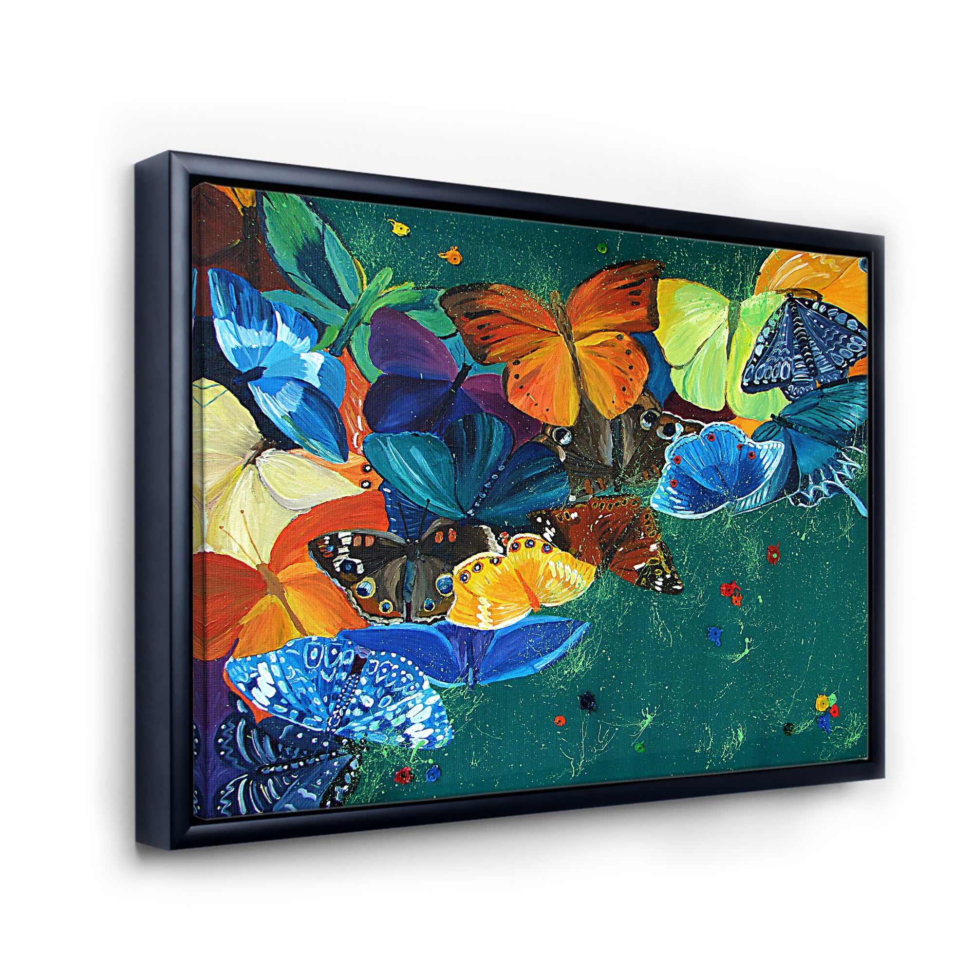 Abstract Colour Butterflies On A Gree 40 in x 30 in Framed Painting Canvas Art Print, by Designart
