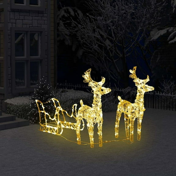 2 Reindeer and Sleigh Christmas Yard Decoration Warm White Light Pre-lit 160 LEDs Light Deer Set for Home, Yard, Party, Office, Festival, Indoor and Outdoor Holiday Decor, 51.2 Inch Length