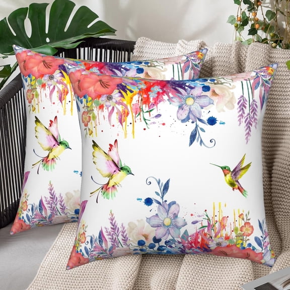 Spring Floral Pillow Covers 18x18 Set of 2 Hummingbird Double-Sided Couch Pillow Covers