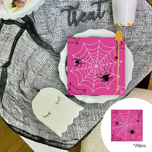Seyotauo Halloween Spiderweb Paper Napkins, 20 Pcs Spider Web Disposable Hand Towels, 6.5x6.5 Inch, Halloween Dinner Party Supplies(Pink)