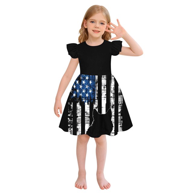 LMKIHUSA Robe du 4 Juillet pour Filles Manches à Volants Col Rond Tenues Décontractées Robes de Princesse Amples Imprimé Drapeau Américain Vêtements Plissés Noir,120