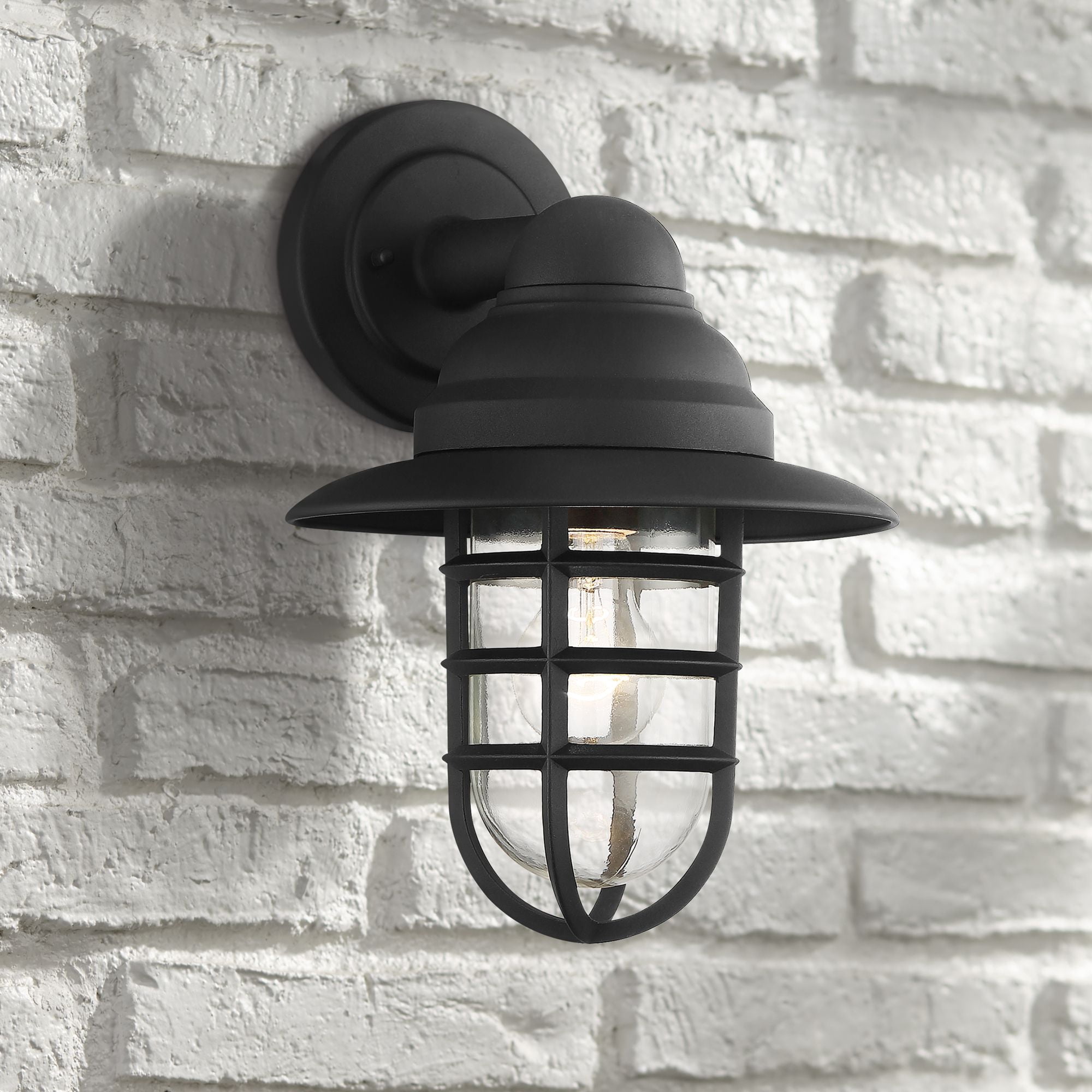 John Timberland Marlowe Rustic Industrial Outdoor Wall Light Fixtures Set of 2 Black Hooded Cage 13" Clear Glass for Post Exterior Barn