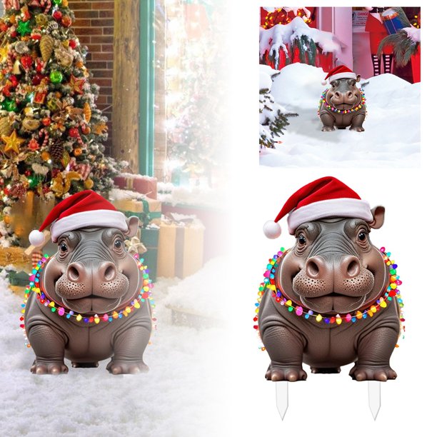 Tarjetero Con Hipopótamo Con Gorro De Papá Noel En Navidad Tarjetero Decorativo De Acrílico Plano En 2D Decoración Navideña Para Tu Rincón Y Para Realzar El Ambiente Navideño