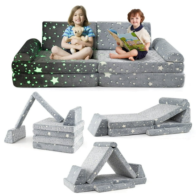 Honeyjoy 8 PCS Modular Kids Play Couch with Handles Machine Washable Covers for Building Fort Gray