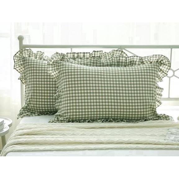 2 Pack Sage Green White Plaid Ruffles Pillow Shams Checkered Pillowcases Gingham Standard Size Pillow Cases Washed Cotton Farmhouse Cottage Pillow Covers for Bed/Sofa(Sage Green/White Plaid)