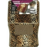 Set of 4 Universal Fit Animal Print Carpet Floor Mats for Cars Truck - Leopard & Bonus Detailing Wash Dust Mitt