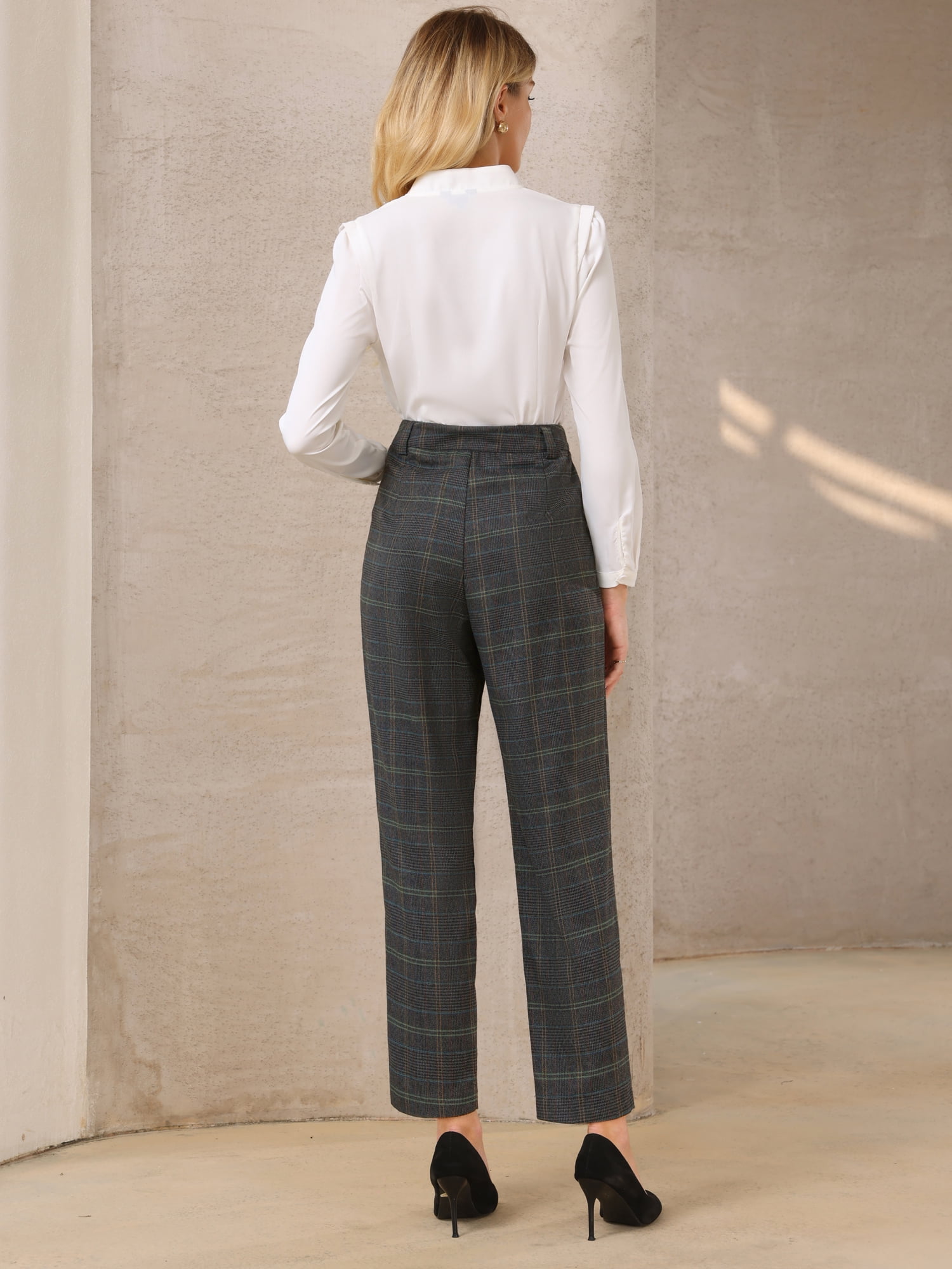DARING DIVA Women's Plaid Houndstooth Tartan Long Trousers M Dark Grey