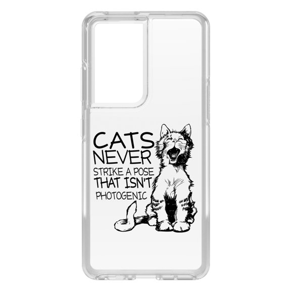 DistinctInk Clear Shockproof Hybrid Case for Galaxy S21 ULTRA 5G (6.8" Screen) - TPU Bumper Acrylic Back Tempered Glass Screen Protector - Cats Never Strike a Pose not Photogenic