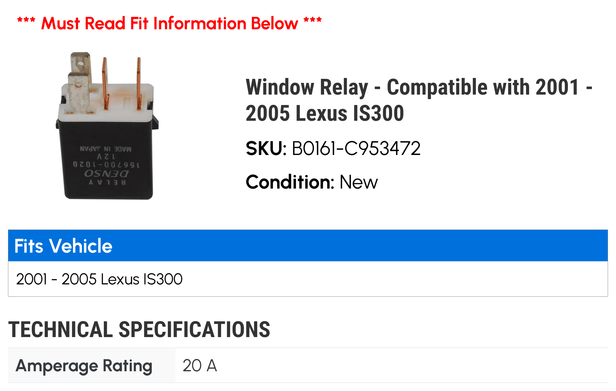Relay - Compatible with 2001 - 2005 IS300 2002 2003 2004