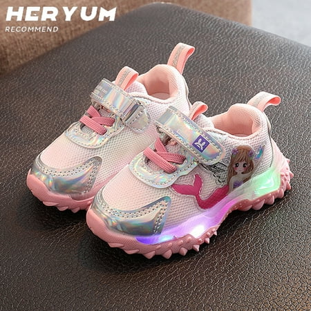 

Girls LED Luminous Cartoon Mermaid Casual Shoes Hook And Loop Breathable Lightweight Comfy Outdoor Walking Shoes For Toddler Children Kids Sneakers Spring And Summer