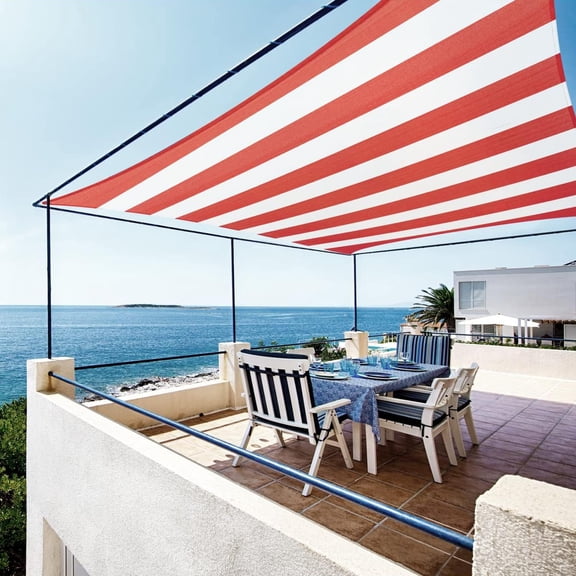 Red and white striped sunshade canopy with UV protection - rectangular shape - commercial standard heavy-duty