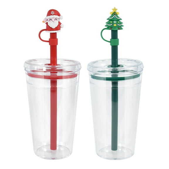 16oz Christmas Plastic Cold Cups with Lids and Straws, 2 Pack Holiday Tumblers with Santa & Christmas Tree Straw Toppers