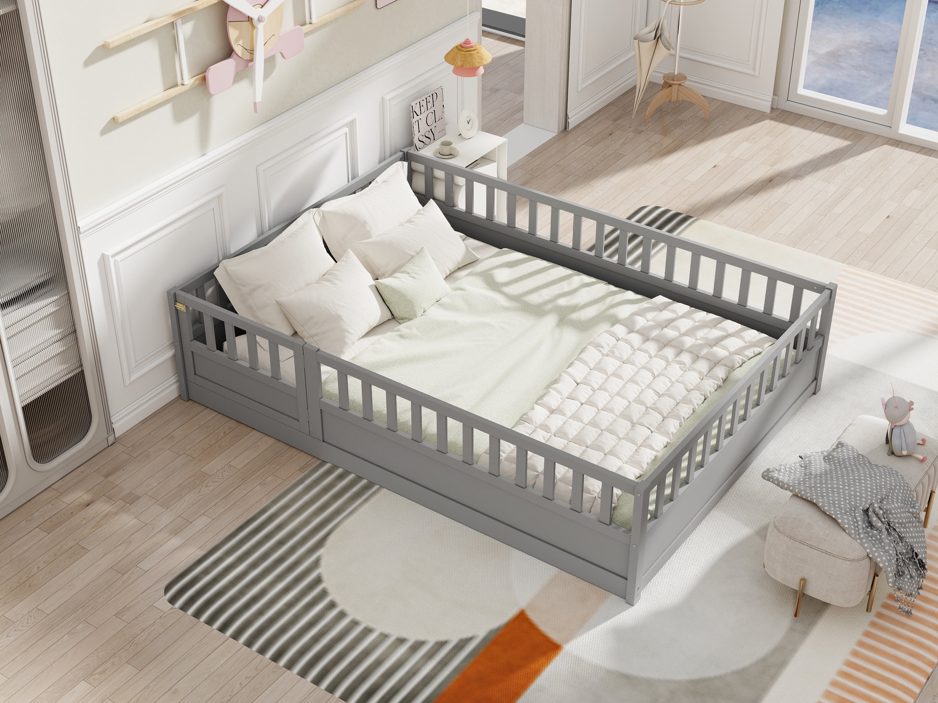 Full Size Floor Bed, Integral Construction With Super High Security Barrier, Door, Children'S Floor Bed Frame, Montessori Wooden Children's Floor Bed