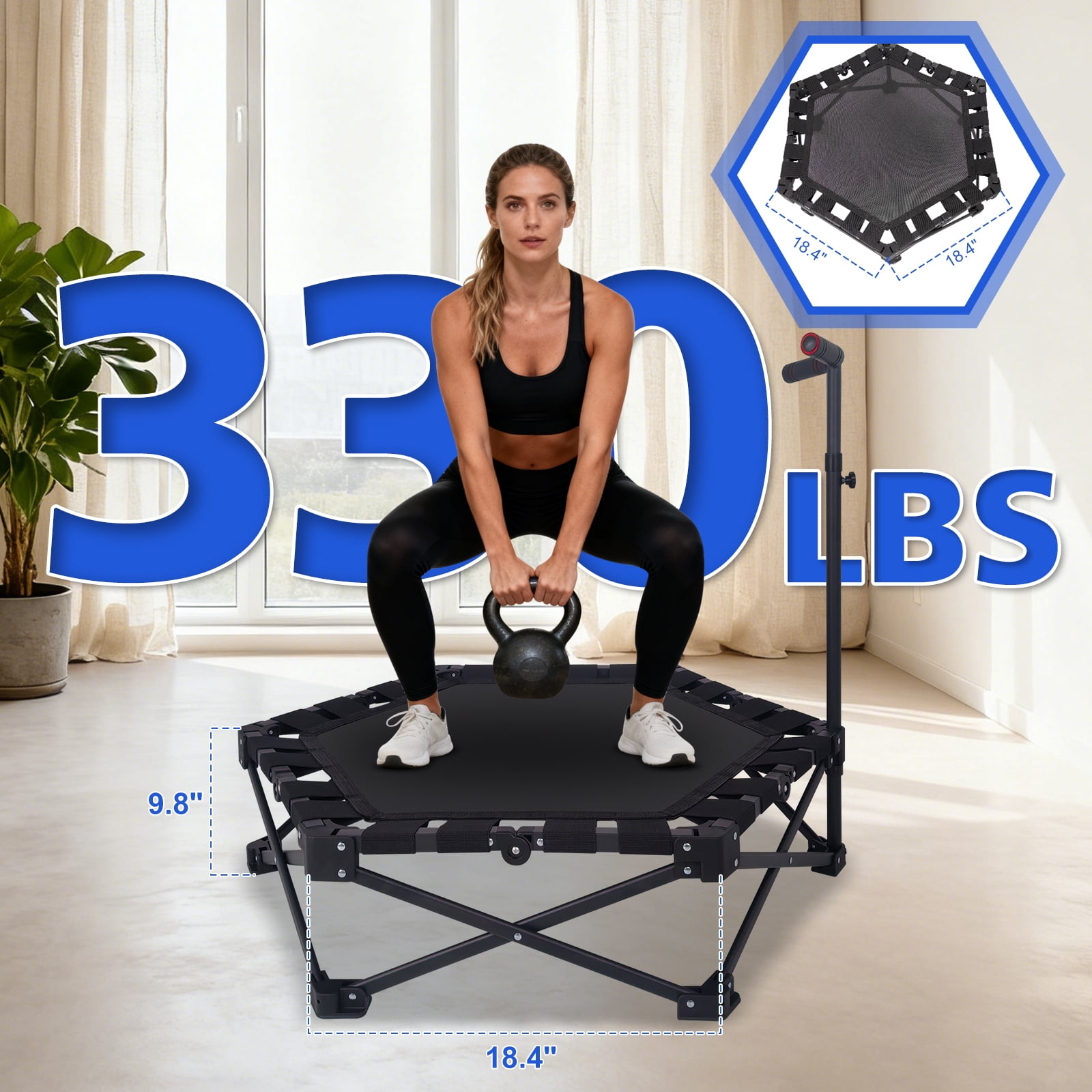HooKung 37" Foldable Mini Trampoline, One-Step Fold & Open, Rebounder Trampoline for Adults, 330lbs Max Load, 3-Level Adjustable T-Bar, Indoor & Outdoor Workout